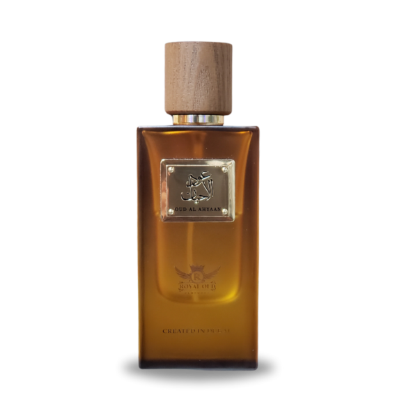 a brown perfume bottle with a wooden cap - oud al ahyaan