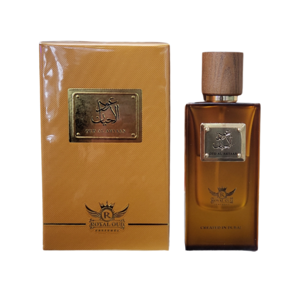 packaging of a brown perfume bottle with a wooden cap - oud al ahyaan