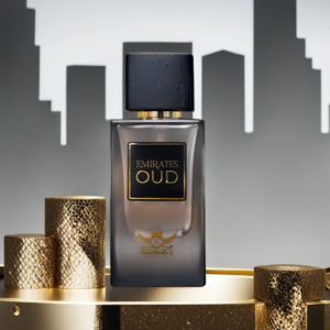 Emirates Oud - a bottle of matte grey perfume sitting on top of a table in front of a skyline