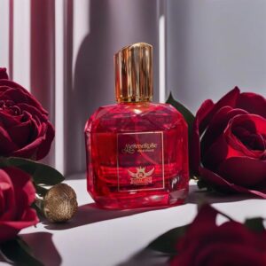 Mesmerose - a bottle of perfume sitting in between a bunch of roses