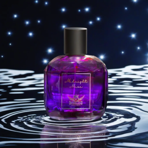 Purple perfume bottle - midnight muse sitting on top of a body of water in front of a starry sky