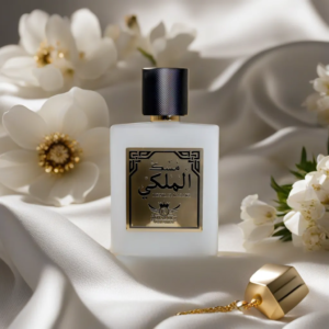 A luxurious white perfume bottle on white satin cloth surrounded by white flowers and gold elements